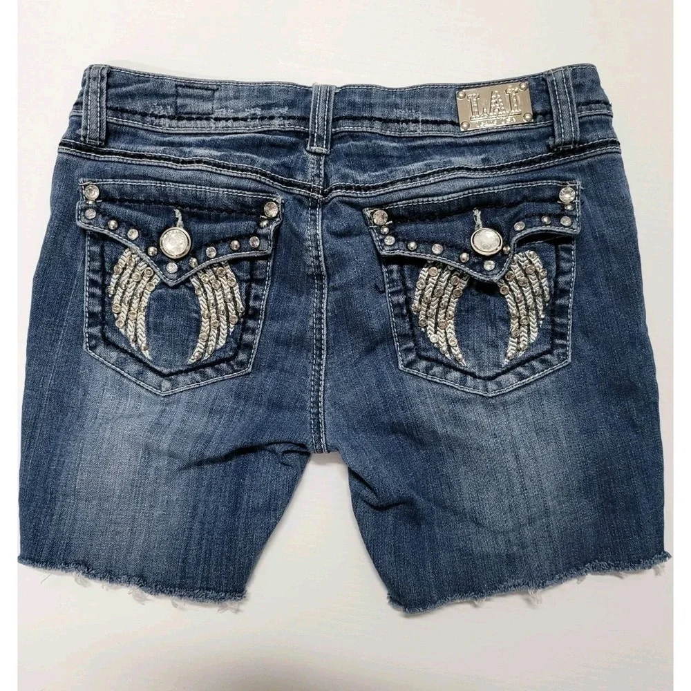 LA Idol USA Womens Distressed Denim Shorts Wing Rhinestone Studded Blue Size 9